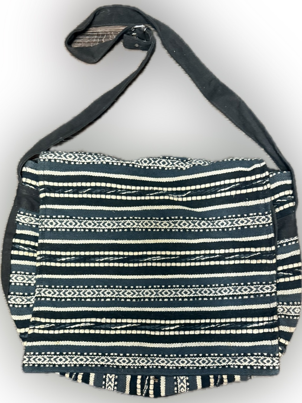 Boho Black/White/Blue Stripe Handwoven Crossbody Messenger Bag